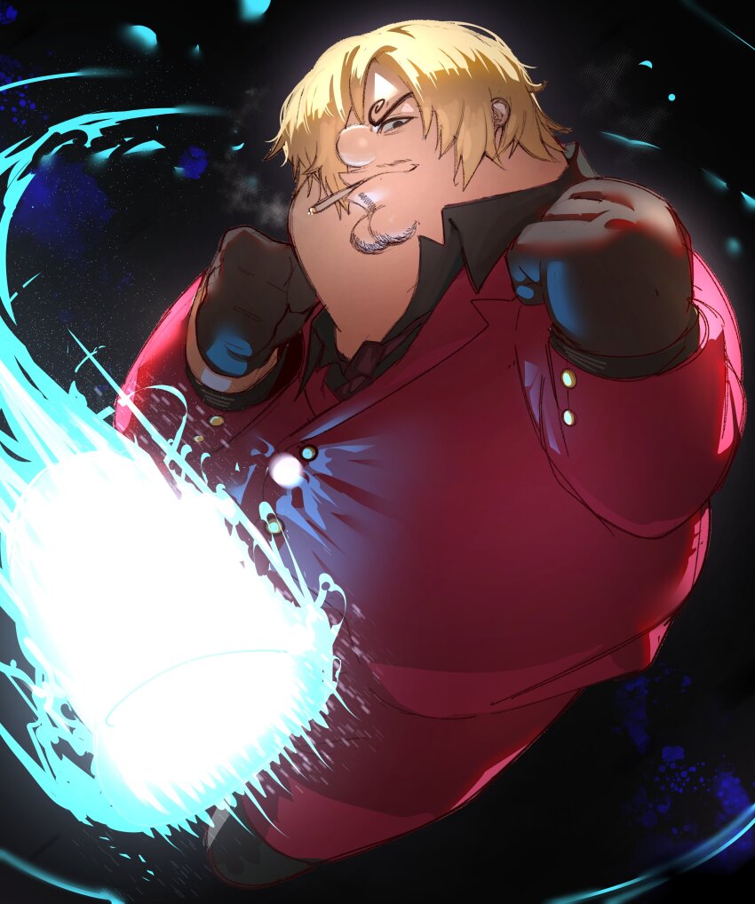 1boy absurdres beard_stubble black_eyes black_gloves black_shirt blonde_hair cigarette cleft_chin clenched_hands closed_mouth cosplay curly_eyebrows facial_hair family_guy fat fat_man gloves hair_over_one_eye highres jacket kowai_(iamkowai) male_focus mustache_stubble one_piece peter_griffin red_jacket sanji_(one_piece) sanji_(one_piece)_(cosplay) shirt short_hair smoking solo stubble