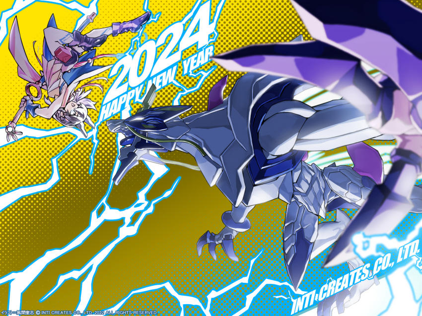 1girl 2024 azure_striker_gunvolt azure_striker_gunvolt_3 battle body_markings boots brown_hair dragon electricity english_text glowing glowing_eyes gunvolt happy_new_year highres holding holding_sword holding_weapon horns inti_creates kirin_(gunvolt) new_year official_art open_mouth robe short_hair simple_background sword upside-down weapon yellow_background yellow_robe