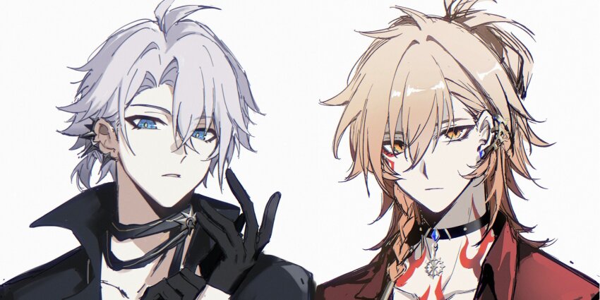 2boys adjusting_clothes adjusting_gloves alternate_costume antenna_hair anxilotus black_choker black_gloves black_shirt blonde_hair blue_eyes braid chinese_commentary choker collared_shirt commentary_request earclip facial_tattoo gloves gradient_hair hair_between_eyes half_gloves highres male_focus medium_hair multicolored_hair multiple_boys mydei_(honkai:_star_rail) official_alternate_costume parted_bangs parted_lips phainon_(fashion)_(honkai:_star_rail) phainon_(honkai:_star_rail) ponytail red_hair red_shirt red_tattoo shirt short_hair side_braid simple_background tattoo upper_body white_background white_hair yellow_eyes