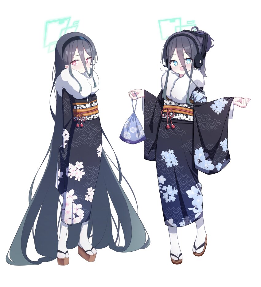 2girls 525_woiwo absurdly_long_hair absurdres aris_(blue_archive) black_hair black_hairband black_kimono blue_archive blue_eyes blush closed_mouth earmuffs floral_print floral_print_kimono full_body fur-trimmed_kimono fur_trim green_halo hairband halo highres japanese_clothes kei_(blue_archive) kimono long_hair long_sleeves multiple_girls obi okobo open_mouth platform_sandals print_kimono red_eyes sandals sash simple_background smile socks tabi very_long_hair white_background white_socks wide_sleeves zouri