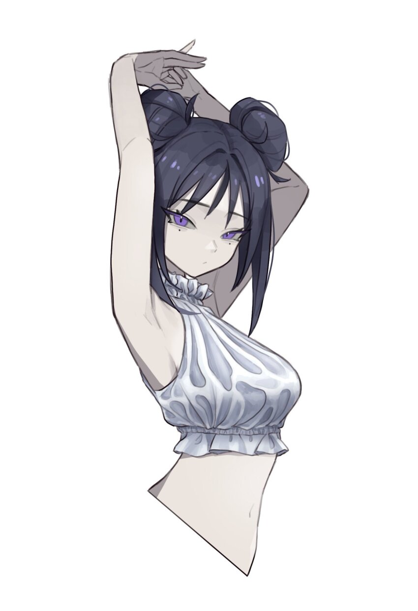 1girl arms_up expressionless looking_at_viewer navel nikomicapchi purple_eyes source_request tagme upper_body