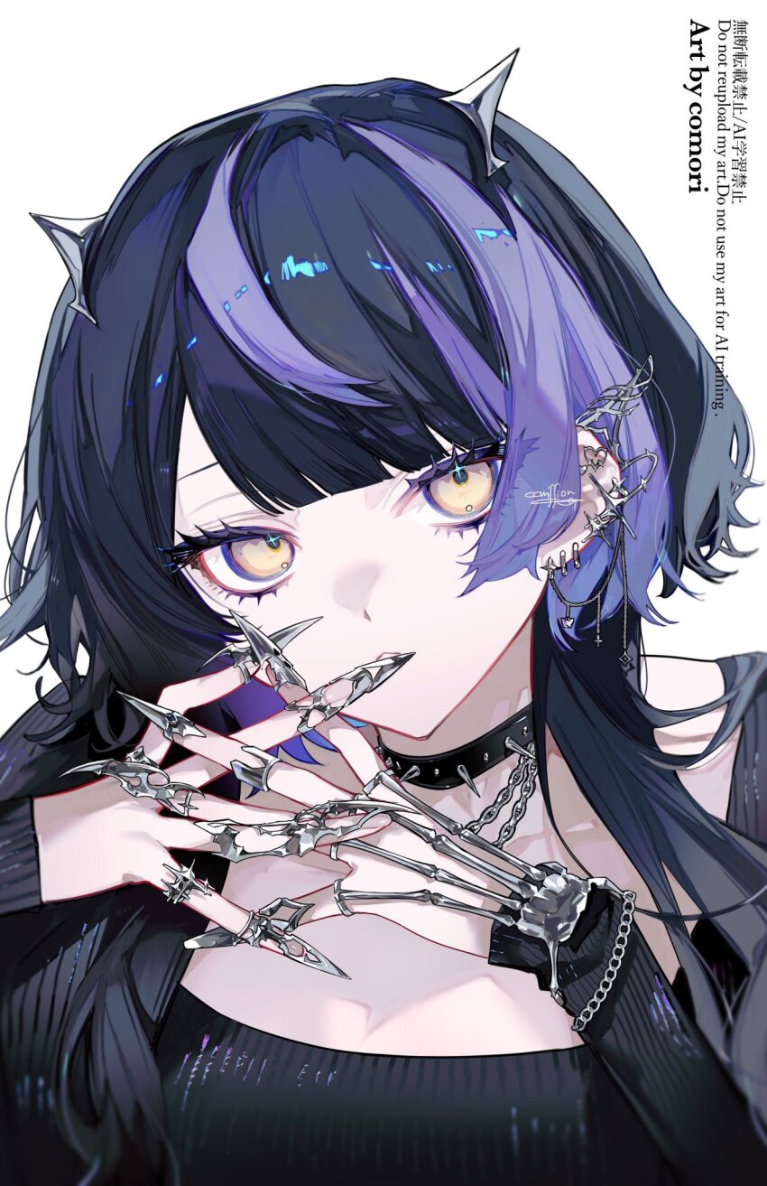 1girl artist_name black_choker black_hair black_jacket blunt_bangs choker commentary commission comori ear_piercing highres jacket long_hair long_sleeves looking_at_viewer multicolored_hair open_clothes open_jacket original own_hands_together parted_lips piercing portrait purple_hair simple_background skeb_commission solo spiked_choker spikes symbol-only_commentary two-tone_hair watermark white_background yellow_eyes