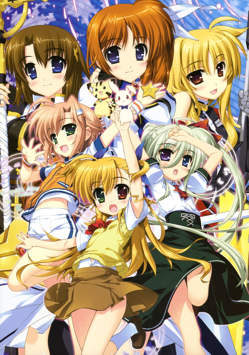 10s 6+girls :d absurdres asteion bardiche_(nanoha) bardiche_(zanber_form)_(nanoha) blonde_hair blue_eyes blush bow breasts brown_hair cat einhard_stratos fang fate_testarossa fate_testarossa_(true_sonic_form) fingerless_gloves fujima_takuya gloves green_eyes green_hair hair_ornament hair_ribbon highres long_hair lyrical_nanoha mahou_shoujo_lyrical_nanoha_vivid miura_rinaldi multiple_girls navel open_mouth pink_hair purple_eyes rabbit raising_heart raising_heart_(exceed_mode) red_eyes ribbon sacred_heart scan school_uniform schwertkreuz short_hair side_ponytail smile socks staff star_(symbol) star_saber_(nanoha) sweater_vest takamachi_nanoha takamachi_nanoha_(exceed_mode) vivio wristband yagami_hayate