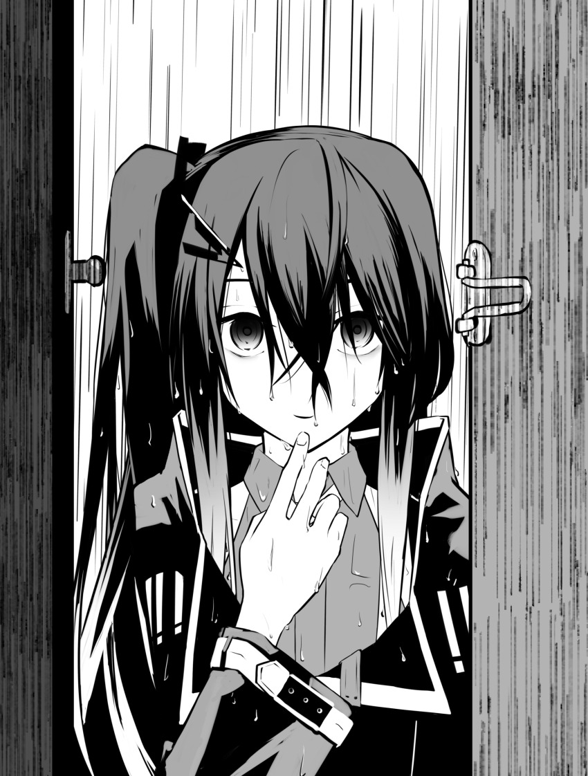 1girl bags_under_eyes coefont collared_shirt colored_tips commentary_request crazy_eyes crazy_smile doorway empty_eyes finger_to_own_chin greyscale hair_ornament hairclip hand_up highres hood hood_down hooded_coat long_hair long_sleeves looking_at_viewer millial_(coefont) monochrome multicolored_hair one_side_up pov_doorway rain sanpaku shirt sidelocks sleeveless sleeveless_shirt smile solo teckinder upper_body water_drop wet wet_clothes wet_hair