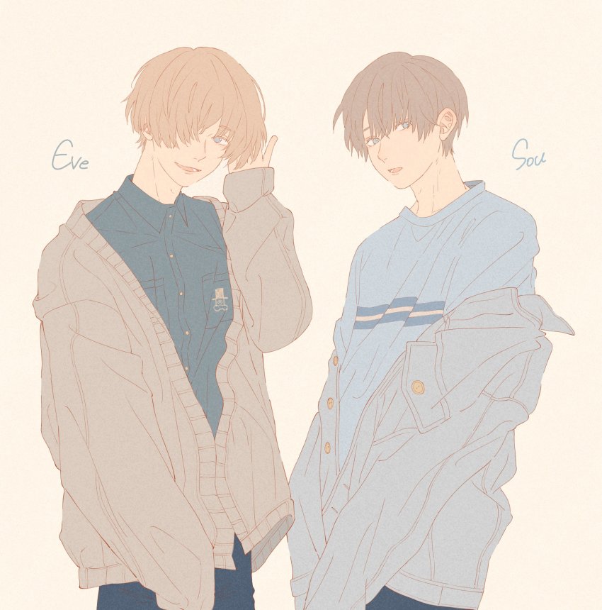 2boys adjusting_hair baggy_clothes blue_eyes brown_hair character_name eve_(utaite) highres hitotsume-sama indie_utaite long_sleeves looking_at_viewer male_focus milgram_(mg_m_mg) multiple_boys niconico off_shoulder open_mouth shirt simple_background sou_(utaite) utaite