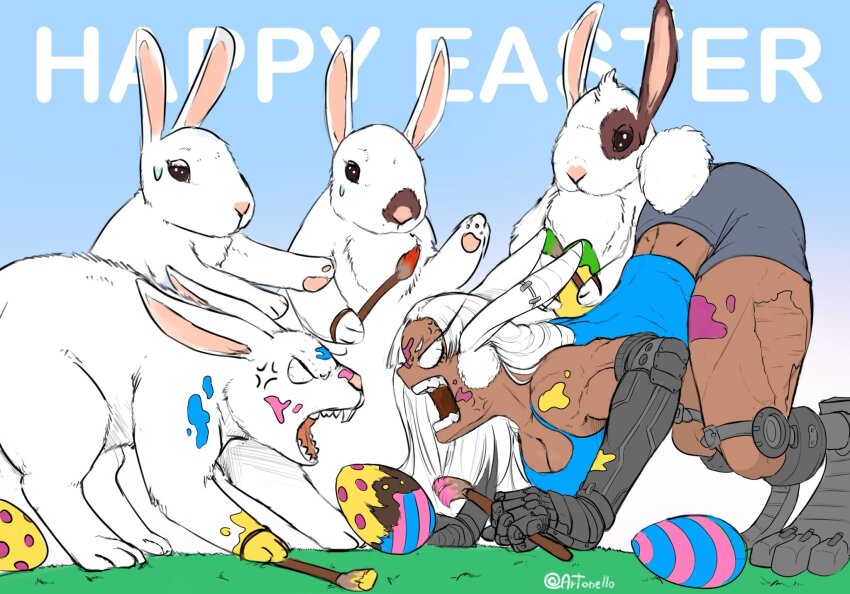 1girl 4others all_fours amputee anger_vein angry animal_ears arguing artonell0 ass biceps boku_no_hero_academia buck_teeth dark-skinned_female dark_skin easter easter_egg egg happy_easter highres mirko multiple_others muscular muscular_female paint paint_on_body paint_on_hands paint_splatter paint_splatter_on_face paintbrush prosthesis prosthetic_arm prosthetic_leg quadruple_amputee rabbit rabbit_ears rabbit_girl scar sharp_teeth short_shorts shorts sweatdrop tank_top teeth top-down_bottom-up white_fur white_hair wide_mouth