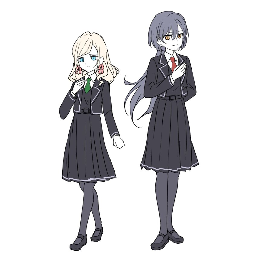 2girls :| alt_text black_pantyhose black_shoes black_skirt black_sweater_vest blazer blue_eyes ceras_yanagida_lilienfeld closed_mouth collared_shirt commentary_request dress_shirt expressionless full_body green_necktie grey_hair hair_between_eyes hair_ribbon highres jacket katsuragi_izumi light_smile link!_like!_love_live! long_hair long_sleeves love_live! mary_janes medium_skirt mizukawa_school_uniform multiple_girls necktie nogreen open_clothes open_jacket orange_eyes pantyhose pink_ribbon pleated_skirt red_necktie ribbon school_uniform shirt shoes simple_background skirt sweater_vest virtual_youtuber white_background white_shirt