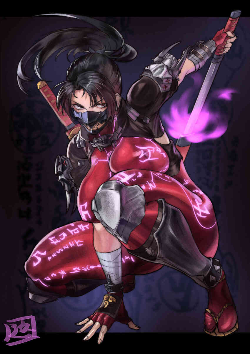 1girl 20s absurdres angry arm_wrap armor armored_boots aura black_hair body_markings body_writing bodysuit bodysuit_under_armor boots bracelet breast_press breasts brown_eyes cleavage clothes_writing collared_vest colored_fire covered_erect_nipples energy face_mask fighting_stance fingerless_gloves fire foot_wraps full-body_tattoo furrowed_brow geta gloves glowing glowing_markings glowing_sword glowing_tattoo glowing_weapon greyscale hand_on_floor handle highres holding holding_sword holding_weapon impossible_bodysuit impossible_clothes inktober jewelry juaag_acgy katana knee_boots kneeling ninja large_breasts large_nipples lineart looking_at_viewer mask mature_female medium_hair monochrome mouth_mask multiple_weapons ninja ninja_mask ninjatou no_background oni_mask outstretched_arm pauldrons pinup_(style) ponytail purple_fire purple_tattoo red_bodysuit red_gloves red_socks runes sagging_breasts sandals sanpaku sheath sheathed shin_guards short_sword shoulder_armor signature sketch skin_tight sleeveless sleeveless_bodysuit socks solo soul_calibur soulcalibur soulcalibur_vi spiked_shoulder_pads squatting sword tabi taki_(soulcalibur) talisman tantou thick_thighs thighs unsheathing vest wakizashi weapon weapon_on_back wide_hips