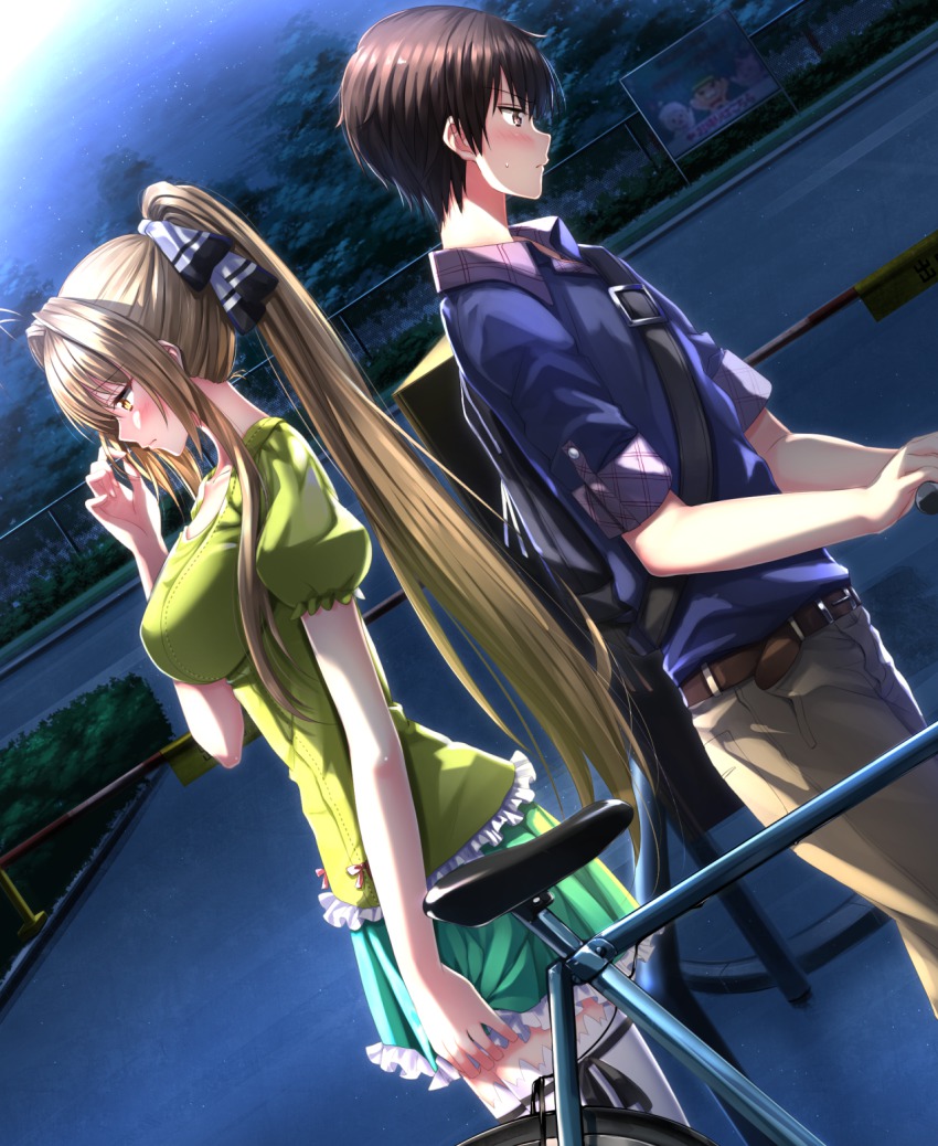 10s 1boy 1girl amagi_brilliant_park antenna_hair back-to-back backpack bag belt bicycle blush breasts brown_eyes brown_hair buckle frills hetero highres kanie_seiya large_breasts long_hair macaron_(amaburi) moffle night ponytail puffy_sleeves ribbon sento_isuzu short_hair sign skirt sweatdrop swordsouls thighhighs tiramii zettai_ryouiki