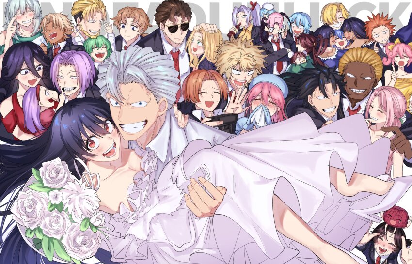 6+boys 6+girls af_suki113 andy_(undead_unluck) anno_un_(undead_unluck) backs_(undead_unluck) black_hair blonde_hair bouquet carrying character_request child creed_(undead_unluck) dress ending_celebration enjin_(undead_unluck) feng_(undead_unluck) flower gina_(undead_unluck) green_hair grin group_picture highres holding holding_bouquet ichiko_nemuri izumo_fuuko juiz_(undead_unluck) kurusu_sadako latla_mirah mui_(undead_unluck) multiple_boys multiple_girls necktie nico_vorgeil orange_hair pink_hair princess_carry purple_hair rip_(undead_unluck) sean_datz shen_(undead_unluck) shigeno_chikara smile sunglasses tatiana_(undead_unluck) tella_(undead_unluck) top_bull_sparx undead_unluck victor_(undead_unluck) void_volks wedding_dress white_hair yamaoka_haruka yusai_(undead_unluck)