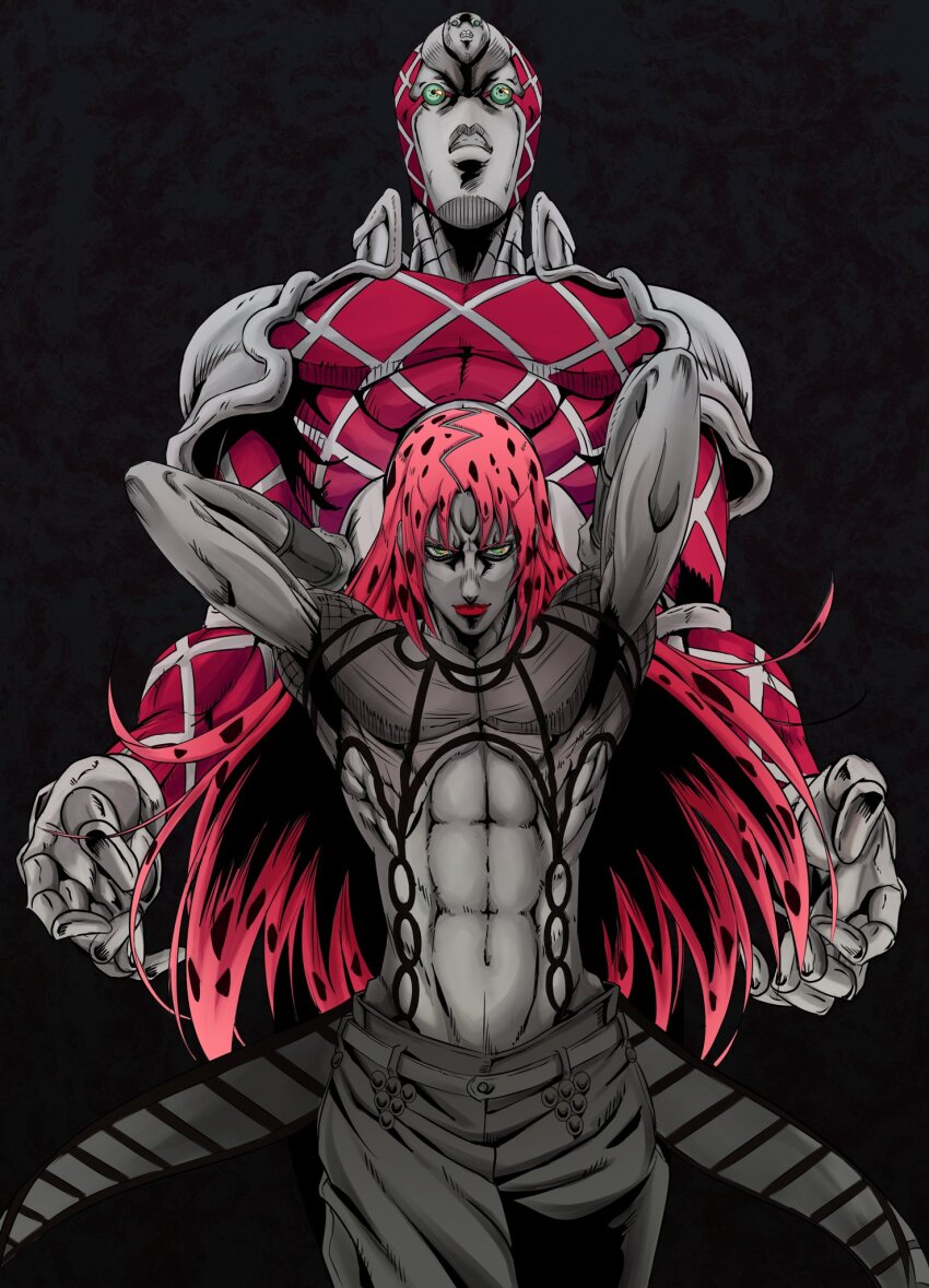 1boy 1other abs black_background commentary_request diavolo fishnet_top fishnets green_eyes highres ishimoto_shun&#039;ichi jojo_no_kimyou_na_bouken king_crimson_(stand) long_hair male_focus navel pink_hair polka_dot_hair red_lips smile spot_color stand_(jojo) vento_aureo