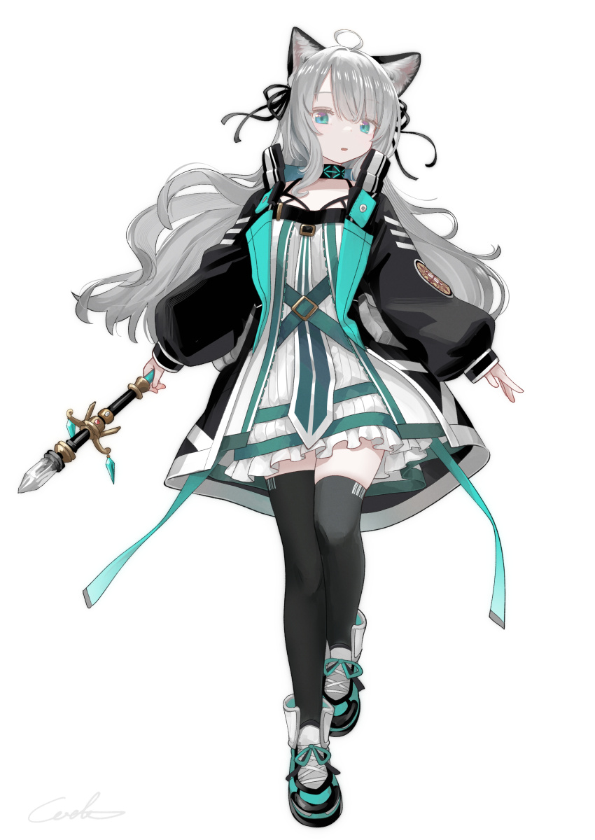 1girl absurdres ahoge animal_ears aqua_eyes arknights black_coat black_ribbon black_thighhighs coat commentary dress full_body grey_hair hair_ribbon highres holding infection_monitor_(arknights) long_hair long_sleeves looking_at_viewer mint_(arknights) open_clothes open_coat parted_lips puffy_long_sleeves puffy_sleeves ribbon short_dress signature simple_background solo standing thighhighs welt_(kinsei_koutenkyoku) white_background white_dress