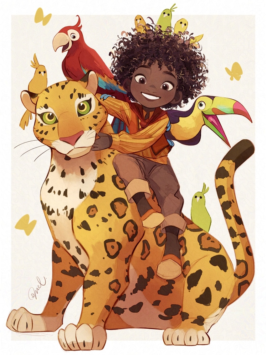 1boy antonio_madrigal bird brown_eyes brown_hair brown_pants dark-skinned_male dark_skin encanto highres leopard melchencanto orange_vest pants parrot shirt short_hair signature simple_background toucan vest yellow_shirt