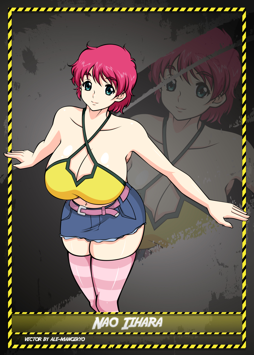 1girl absurdres ale-mangekyo breasts cleavage denim denim_skirt halterneck highres huge_breasts iihara_nao resort_boin short_hair skirt striped_clothes striped_thighhighs thighhighs zoom_layer