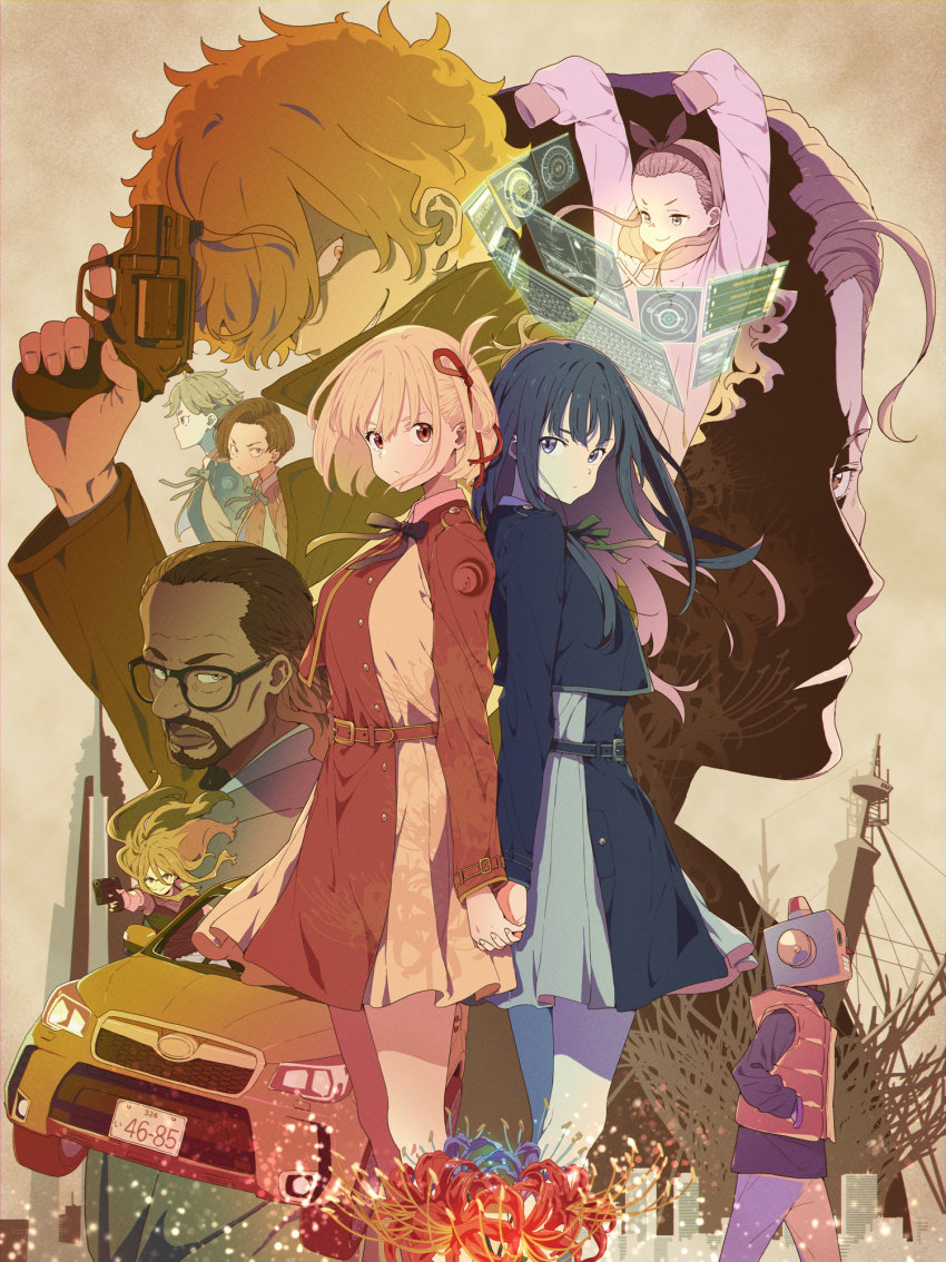 4boys 6+girls belt black_hair blonde_hair blue_belt blue_dress blue_flower blue_ribbon blue_spider_lily dress floral_print flower grey_dress hair_ribbon harukawa_fuki highres holding holding_hands inoue_takina kurumi_(lycoris_recoil) long_hair looking_at_viewer lycoris_recoil lycoris_uniform majima_(lycoris_recoil) mika_(lycoris_recoil) multiple_boys multiple_girls nakahara_mizuki neck_ribbon nishikigi_chisato official_art otome_sakura pleated_dress red_belt red_dress red_eyes red_ribbon ribbon robota_(lycoris_recoil) school_uniform short_hair spider_lily spider_lily_print two-tone_dress