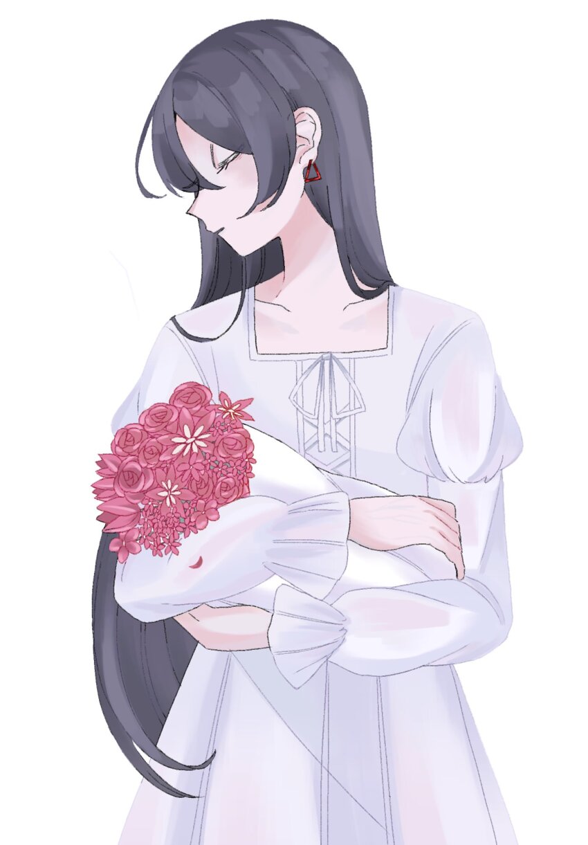 1girl black_hair bouquet closed_eyes dress earrings flower hair_around_ear hair_between_eyes head_tilt highres holding holding_bouquet holding_flower jewelry jiaojiao long_hair parted_lips red_flower shimako_(yume_2kki) simple_background solo square_neckline triangle_earrings very_long_hair white_background white_dress yume_2kki
