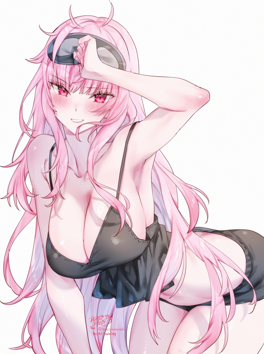 1girl absurdres artist_name bare_shoulders bent_over black_mask black_nightgown black_shorts blush breasts cleavage collarbone commentary_request grin highres hololive hololive_english huge_breasts kamiya_maneki long_hair looking_at_viewer mask mask_on_head mori_calliope nightgown pink_eyes pink_hair shorts signature simple_background sleep_mask smile solo thighs twitter_username virtual_youtuber white_background