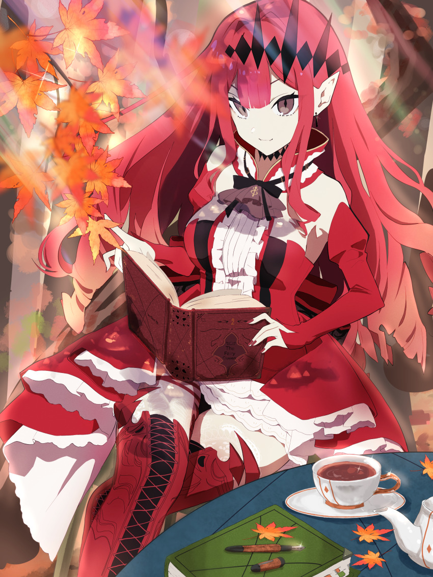 1girl absurdres akinaih baobhan_sith_(fate) baobhan_sith_(first_ascension)_(fate) book boots breasts cup detached_sleeves dress earrings fate/grand_order fate_(series) frilled_dress frills grey_eyes hair_ornament highres holding holding_book jewelry long_hair looking_at_viewer medium_breasts open_book pink_hair pointy_ears reading red_dress sidelocks sitting smile solo tea teacup teapot thigh_boots