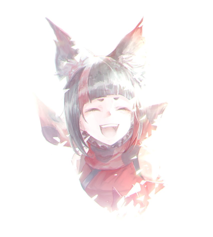 1girl animal_ear_fluff animal_ears animare bare_shoulders black_hair blunt_bangs closed_eyes detached_sleeves female_focus fox_ears gigapuri highres inari_kuromu light multicolored_hair nanashi_inc. open_mouth red_eyes red_hair scarf short_hair smile solo streaked_hair virtual_youtuber