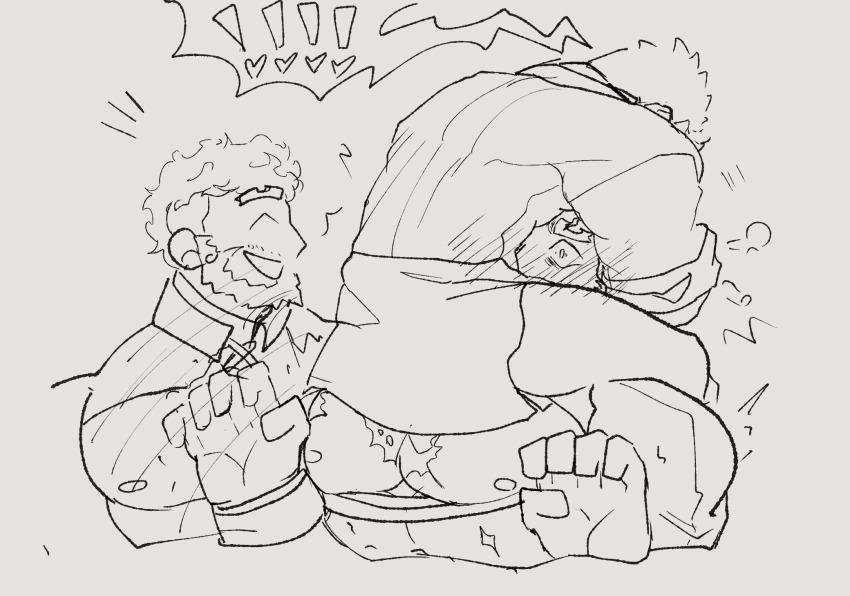 ! 3boys alternate_costume bara beard cropped_torso envysoda facial_hair greyscale hephaestus_(housamo) highres jumping large_pectorals male_focus mature_male monochrome motion_lines multiple_boys muscular muscular_male mustache_stubble nipples pectorals protagonist_3_(housamo) scar scar_on_chest short_hair sitting_on_shoulder spoken_exclamation_mark stubble surprise_hug talos_(housamo) thick_eyebrows tokyo_houkago_summoners wide-eyed yaoi