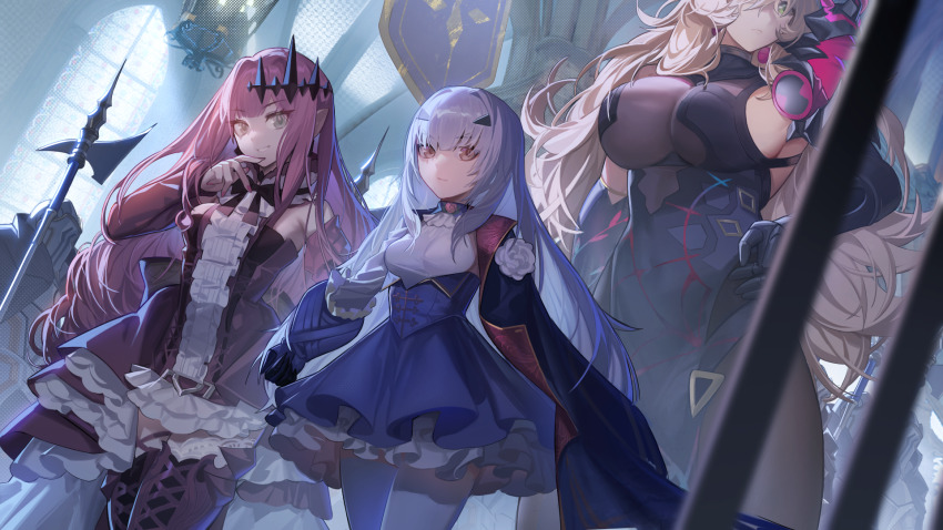 3girls baobhan_sith_(fate) baobhan_sith_(first_ascension)_(fate) barghest_(fate) barghest_(second_ascension)_(fate) black_bow black_bowtie black_dress blonde_hair blue_dress bow bowtie breasts brown_eyes closed_mouth dress faerie_knights_(fate) fate/grand_order fate_(series) fingernails flower frills green_eyes hand_on_own_hip highres indoors knight lens_flare melusine_(fate) melusine_(second_ascension)_(fate) multiple_girls newflame parted_lips pink_hair pink_nails pointy_ears revision rose sideways_glance sleeveless sleeveless_dress smile standing thighhighs white_flower white_hair white_rose white_thighhighs window