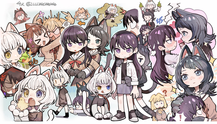 ! &gt;_&lt; 6+girls :&lt; :q ? absurdres anger_vein animal_ears animal_hands aqua_eyes arrow_(symbol) artist_name bang_dream! bang_dream!_it&#039;s_mygo!!!!! bird black_hair blank_eyes blonde_hair blue_eyes brown_hair cat_ears cat_girl cat_paw cat_tail chicken commentary_request food hanasakigawa_school_uniform heterochromia highres hiromachi_nanami ice_cream ichigaya_arisa kaname_raana kemonomimi_mode llllwewewe matcha_(food) misumi_uika mole mole_under_eye multiple_girls neck_ribbon purple_eyes purple_hair red_ribbon ribbon school_uniform shiina_taki speech_bubble sweat tail tamade_chiyu thought_bubble tongue tongue_out toyama_kasumi twitter_username white_hair yahata_umiri yellow_eyes |_|