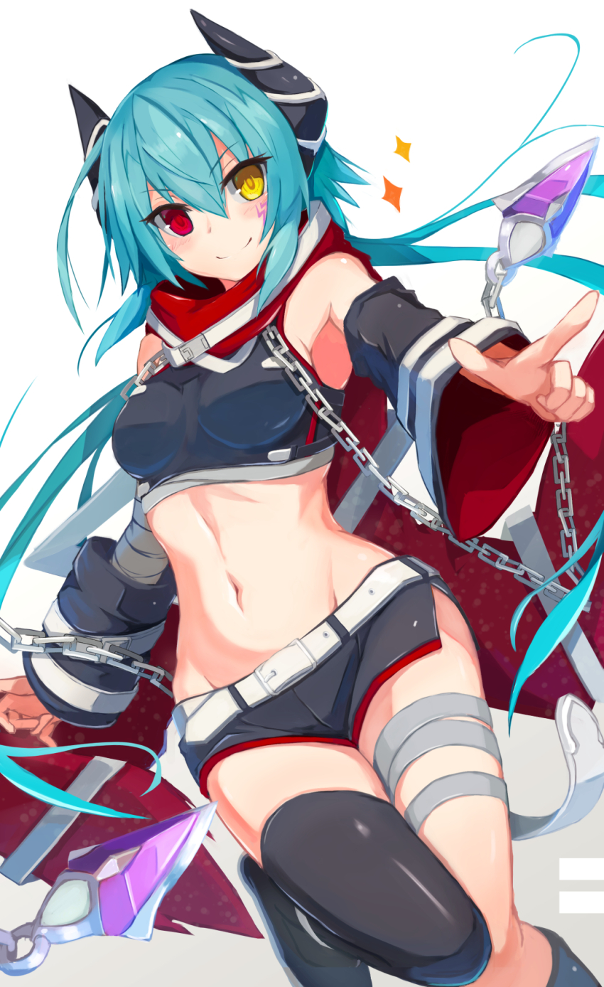 1girl akahuzi anna_(princess_connect!) aqua_hair bandaged_arm bandaged_leg bandages belt black_shirt black_shorts blush breasts chain crop_top detached_sleeves facial_mark hair_between_eyes heterochromia highres horns long_hair looking_at_viewer medium_breasts midriff navel pointing princess_connect! red_eyes red_scarf scarf shirt shorts single_thighhigh skin_tight smile solo thighhighs yellow_eyes