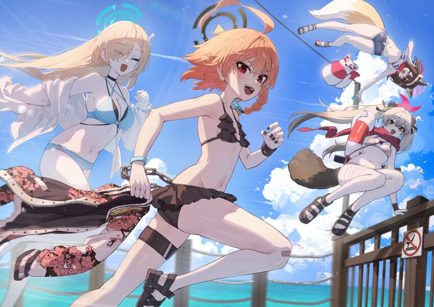4girls absurdres ahoge animal_ear_fluff animal_ears asuna_(blue_archive) bandaid bandaid_on_knee bandaid_on_leg bikini bikini_skirt bikini_top_only black_bikini black_halo blonde_hair blue_archive blue_bikini blue_halo blue_sky braid breasts brown_hair denim denim_shorts fence flat_chest fox_ears fox_girl fox_tail halo highres izuna_(blue_archive) izuna_(swimsuit)_(blue_archive) kokukyukeo lifebuoy medium_breasts michiru_(blue_archive) multiple_girls nail_polish navel neru_(blue_archive) open_mouth orange_hair pink_halo raccoon_ears raccoon_girl raccoon_tail red_eyes red_scarf sandals scarf shorts sign single_braid sky striped_bikini striped_clothes swim_ring swimsuit tail water yellow_eyes