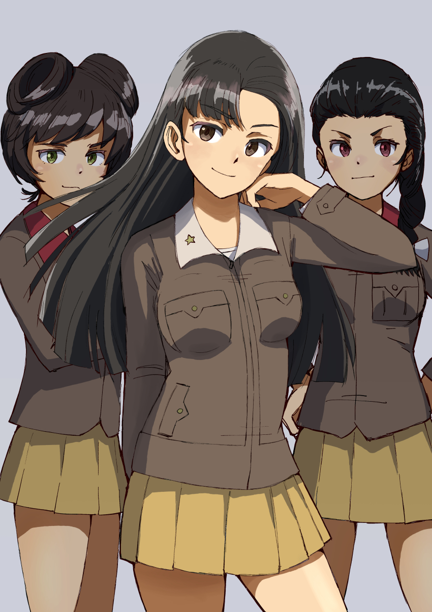 3girls absurdres braid brown_eyes brown_hair brown_jacket chi-hatan_military_uniform collar girls_und_panzer green_hair greyscale hair_bun haldeco hands_on_own_hips highres hosomi_shizuko jacket long_braid long_hair looking_at_viewer miniskirt monochrome multiple_girls nishi_kinuyo pleated_skirt red_collar red_eyes single_braid skirt standing tamada_tamaki white_collar white_undershirt yellow_skirt
