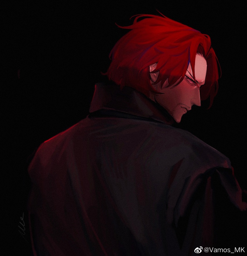 1boy beard black_background black_coat closed_mouth coat connected_beard facial_hair from_behind furrowed_brow highres looking_at_viewer looking_back male_focus one_piece red_hair shanks_(one_piece) short_hair signature simple_background solo upper_body vamos_mk
