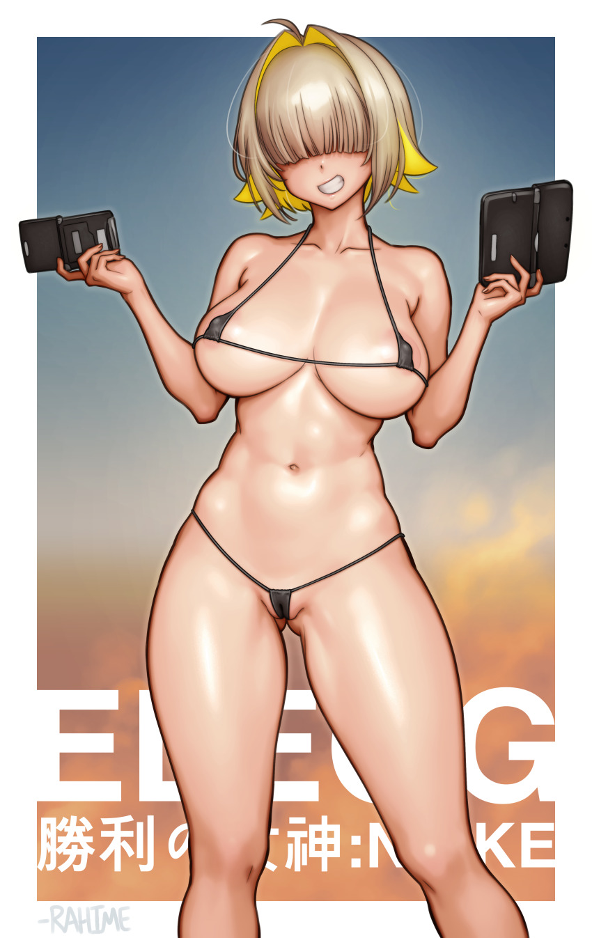 1girl absurdres ahoge alternate_costume areola_slip bare_shoulders bikini black_bikini blonde_hair blush breasts character_name collarbone covered_erect_nipples cowboy_shot curvy elegg_(nikke) game_boy_advance_sp gluteal_fold goddess_of_victory:_nikke grin groin hair_intakes hair_over_eyes handheld_game_console highleg highres holding large_breasts looking_at_viewer micro_bikini multicolored_hair navel nintendo_3ds open_mouth paid_reward_available rahime short_hair skindentation smile solo standing stomach string_bikini swimsuit thick_thighs thighs two-tone_hair