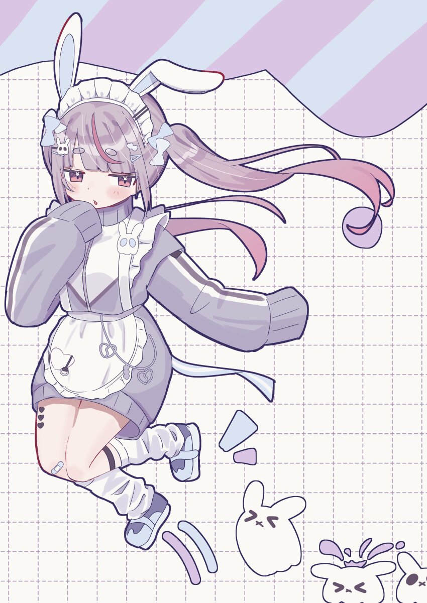 &gt;_&lt; 1girl absurdres animal_ear_hairband animal_ears apron bandaid bandaid_on_knee bandaid_on_leg blunt_bangs bow calflet cattleya_regina_games chestnut_mouth creature fake_animal_ears frilled_hairband frills full_body gradient_hair grey_hair grey_jacket grid_background hair_bow hair_ornament hairband hairpin half-closed_eyes highres jacket jersey_maid jumping long_sleeves loose_socks maid maid_apron maid_headdress multicolored_hair multiple_hair_bows multiple_hairpins parted_bangs pink_eyes pink_hair platform_footwear rabbit_ears shimoyake_(lethal_penguin) sidelocks sleeves_past_fingers sleeves_past_wrists socks solo streaked_hair thick_eyebrows tosaki_mimi tosaki_mimi_(4th_costume) track_jacket twintails unconventional_maid virtual_youtuber vspo!