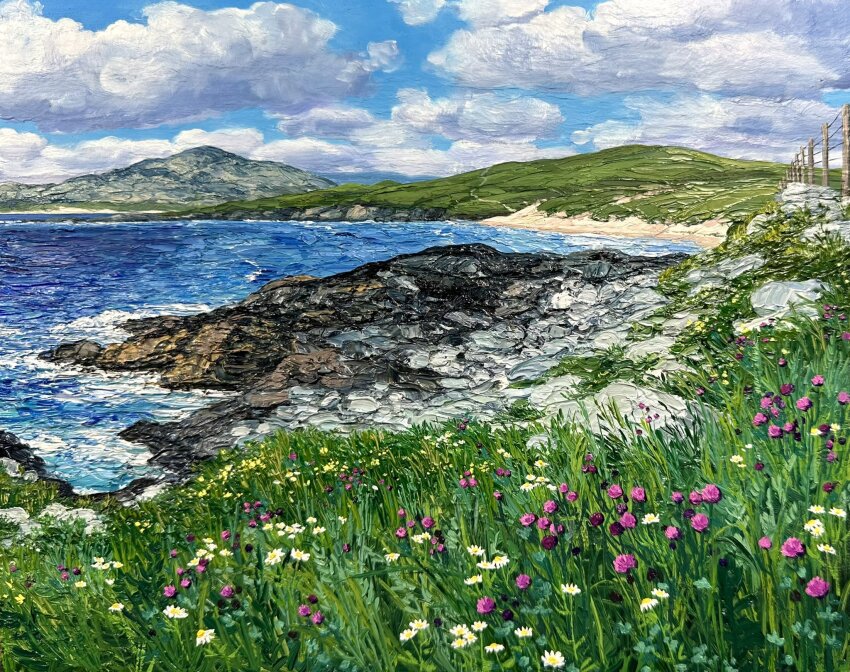 beach blue_sky cloud cloudy_sky commentary day english_commentary fence flower grass highres kate_avery mountain mountainous_horizon no_humans ocean oil_painting_(medium) original outdoors painting_(medium) pink_flower purple_flower real_world_location scenery scotland sky traditional_media water white_flower