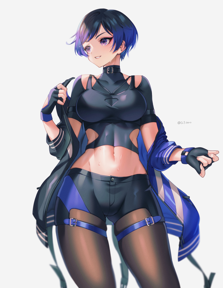 1girl absurdres black_bra black_hair black_jacket black_pantyhose black_shorts blurry blurry_background bodystocking bra cowboy_shot highres jacket looking_to_the_side multicolored_hair multicolored_jacket navel pantyhose purple_eyes purple_hair purple_jacket reina_(tekken) short_hair shorts simple_background skin_tight solo tekken tekken_8 twitter_username two-tone_hair underwear white_background zero-go