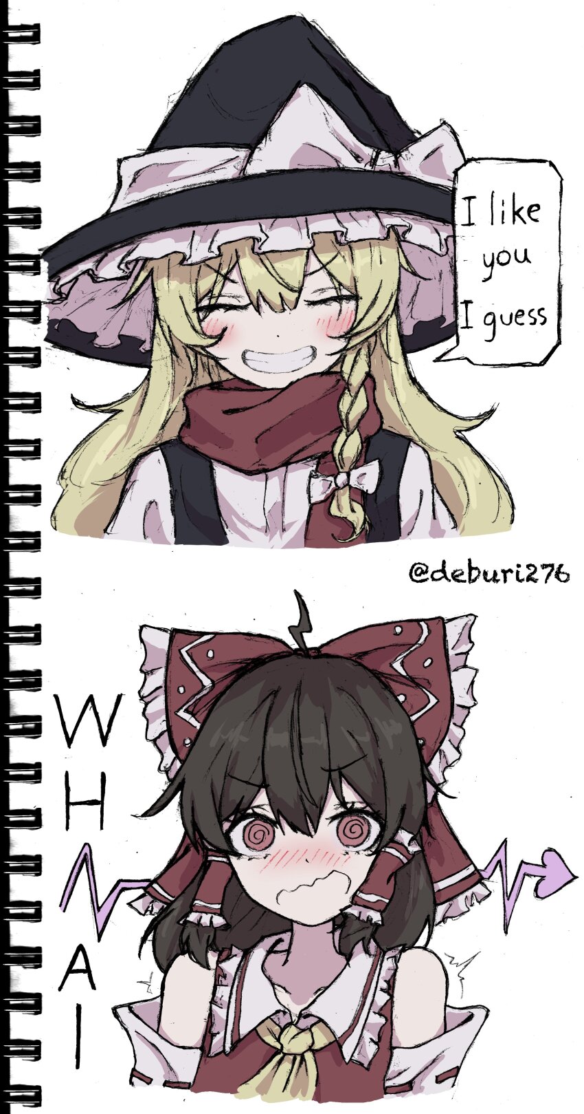 2girls @_@ absurdres ahoge ascot blonde_hair blush bow braid brown_hair cardiogram closed_eyes commentary confession deburi276 detached_sleeves english_text frilled_bow frilled_hair_tubes frills grin hair_bow hair_tubes hakurei_reimu hashtag-only_commentary hat hat_bow highres kirisame_marisa long_hair multiple_girls open_mouth red_bow red_scarf ribbon-trimmed_sleeves ribbon_trim scarf side_braid single_braid smile speech_bubble surprised touhou twitter_username white_bow witch_hat yellow_ascot yuri