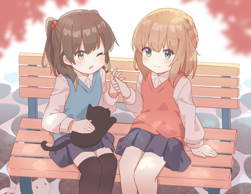 2girls absurdres animal animal_on_lap black_cat black_skirt black_thighhighs blurry blurry_foreground blush braid brown_eyes brown_hair cat cattail closed_mouth collared_shirt commentary_request depth_of_field dress_shirt feet_out_of_frame green_eyes hair_between_eyes hair_bobbles hair_ornament highres holding long_sleeves multiple_girls on_lap one_eye_closed original parted_lips plant pleated_skirt puffy_long_sleeves puffy_sleeves ryoku_sui shirt skirt smile sweater_vest thighhighs two_side_up white_cat white_shirt