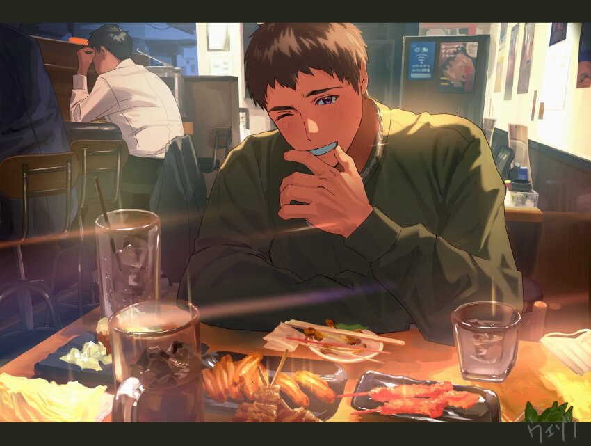 1other 2boys bar_(place) black_pants blush booth_seating brown_hair chain chain_necklace chair chicken_(food) chopsticks clenched_teeth collared_shirt commentary_request cup dog_tags dress_shirt drink drinking_straw edamame fingernails food formal_clothes green_sweater hand_up highres ice ice_cube idolmaster idolmaster_side-m indoors jacket jewelry letterboxed long_sleeves looking_at_viewer monitor multiple_boys necklace on_chair open_mouth pants plate poster_(object) purple_eyes restaurant salaryman shingen_seiji shirt short_hair signature sitting smile solo_focus sparkle straight_hair suit sweater table tearing_up teeth tray uezono_(mms) unworn_jacket upper_body vegetable water white_shirt yakitori