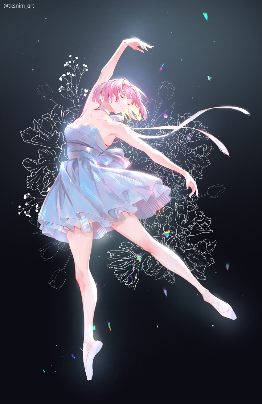 1girl absurdres arm_up back_bow ballerina ballet_slippers bare_arms bare_shoulders black_background bow breasts dress en_pointe floating_hair flower frilled_skirt frills full_body highres original pink_hair short_hair skirt small_breasts solo tk_(tksnim) tulip white_dress