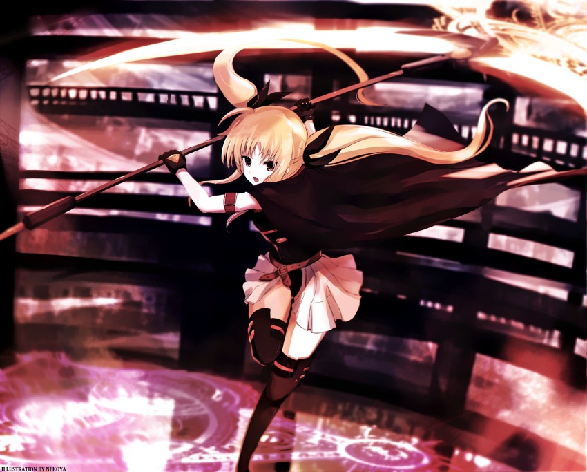 00s 1girl arm_strap bad_id bad_pixiv_id bardiche_(nanoha) bardiche_(scythe_form)_(nanoha) belt black_boots black_cape black_gloves black_ribbon black_shirt black_thighhighs blonde_hair blurry boots cape depth_of_field energy_weapon fate_testarossa fate_testarossa_(movie_1st_form) female_focus floating_hair gloves hair_ribbon highres holding holding_weapon incoming_attack knee_boots long_hair looking_at_viewer lyrical_nanoha magic_circle mahou_shoujo_lyrical_nanoha nekoya_(liu) open_mouth over-kneehighs ribbon scythe shirt skirt sleeveless sleeveless_shirt solo thighhighs twintails weapon white_skirt yellow_eyes