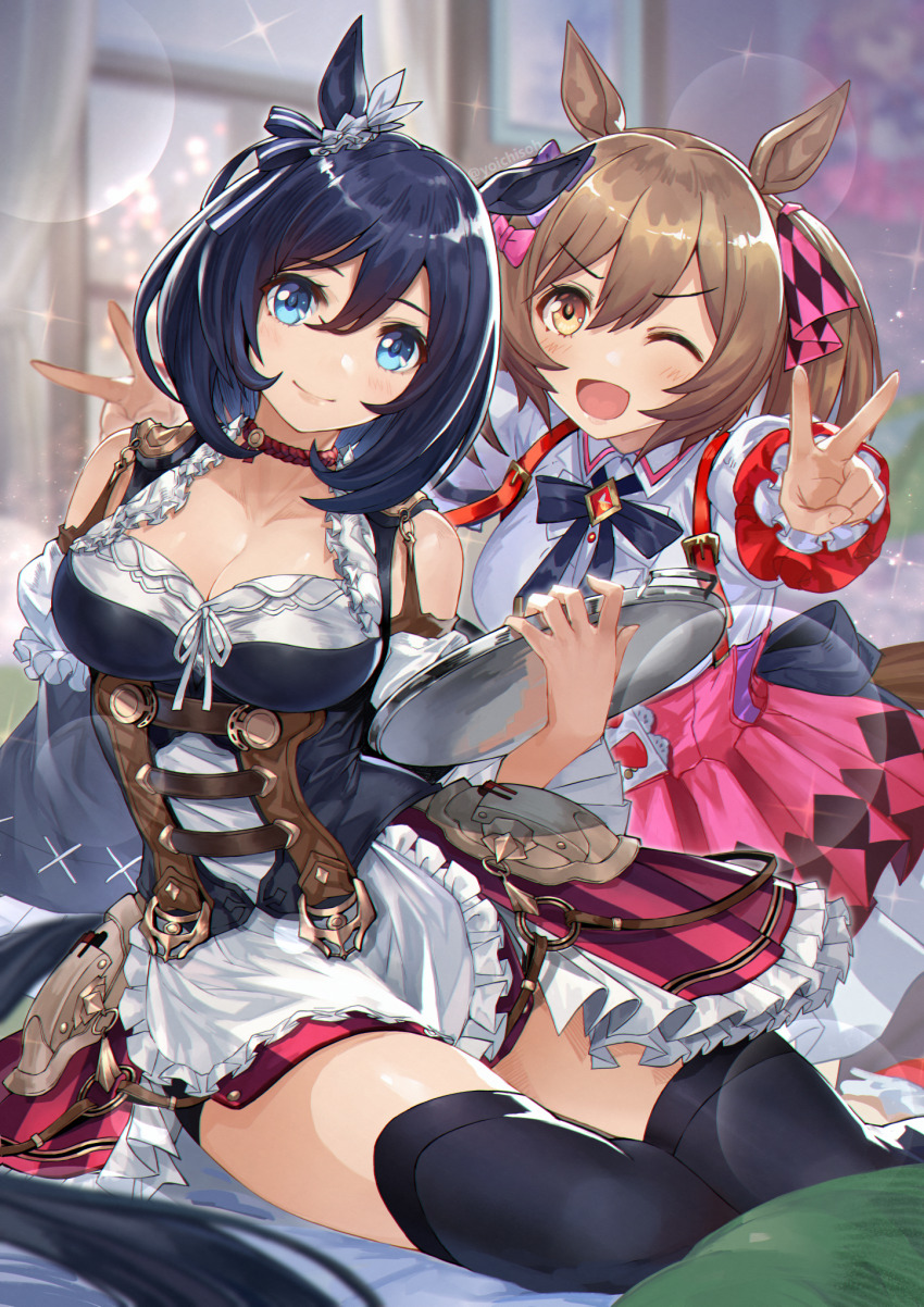 2girls animal_ears black_dress black_hair black_thighhighs blue_eyes blurry bokeh bow breasts brown_hair cleavage commentary_request depth_of_field double_v dress eishin_flash_(meisterschaft)_(umamusume) eishin_flash_(umamusume) feet_out_of_frame hair_between_eyes hair_bow hair_ornament highres holding holding_tray horse_ears horse_girl horse_tail itou_youichi large_breasts looking_at_viewer multiple_girls one_eye_closed open_mouth pink_skirt short_hair sitting skirt smart_falcon_(love_4ever)_(umamusume) smart_falcon_(umamusume) suspender_skirt suspenders tail thighhighs thighs tray umamusume v yellow_eyes yokozuwari