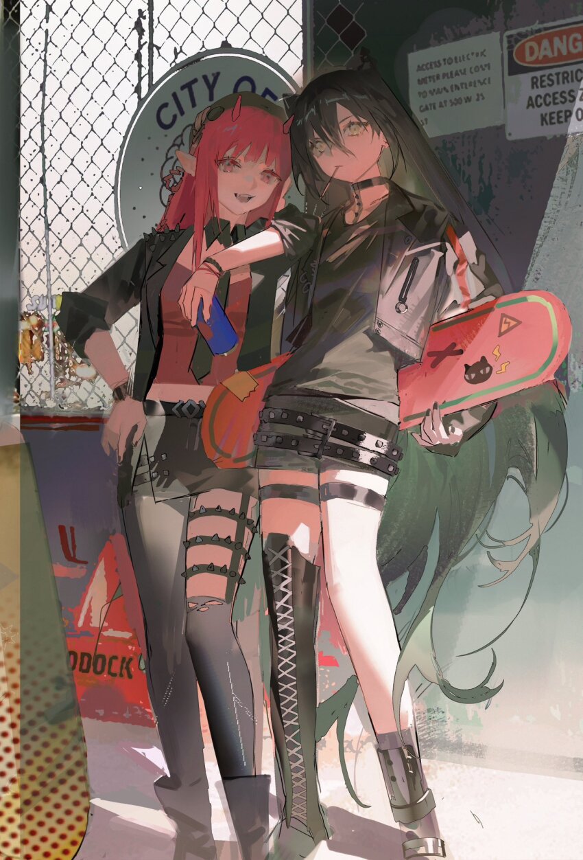 2girls animal_ears ankle_boots arknights armlet asymmetrical_footwear asymmetrical_legwear belt black_belt black_choker black_footwear black_hair black_jacket black_necktie black_shirt black_shorts boots camisole can chain-link_fence choker dagda_(arknights) demon_horns drink_can english_text fence food food_in_mouth highres horns jacket jewelry lace-up_boots long_hair long_sleeves looking_at_viewer lyooo_6 multiple_girls necktie open_clothes open_jacket open_mouth pants pencil_skirt pocky pocky_in_mouth pointy_ears red_camisole red_hair shirt short_shorts shorts sign skateboard skirt spiked_thigh_strap thigh_boots thigh_strap very_long_hair vigna_(arknights) yellow_eyes