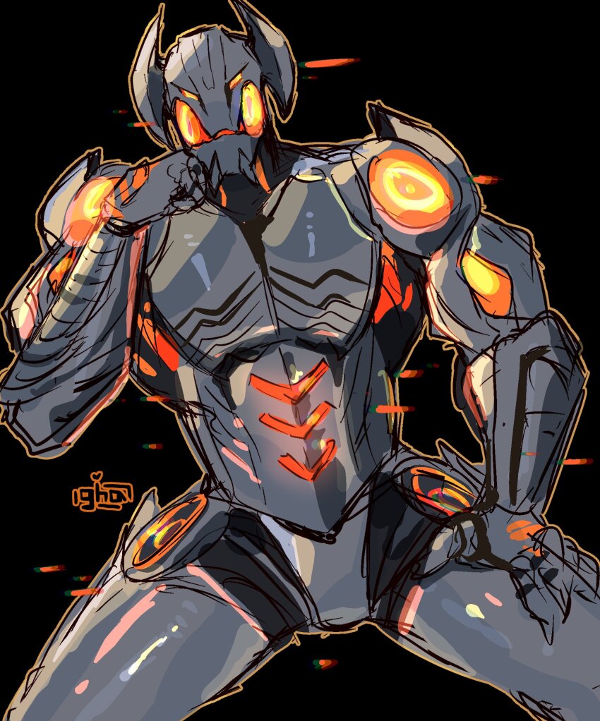 1boy android armor glowing glowing_eyes graysheartart highres humanoid_robot male_focus marvel marvel_rivals red_eyes robot simple_background solo superhero_costume ultron