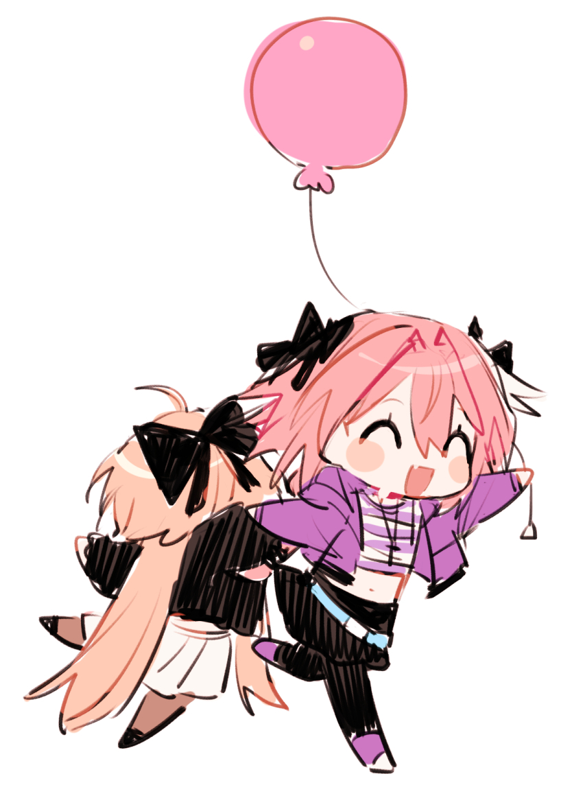 1boy 1girl astolfo_(fate) astolfo_(memories_at_trifas)_(fate) balloon belt black_bow black_pantyhose black_shoes black_skirt blonde_hair bow check_commentary chibi chibi_only commentary_request crop_top crossdressing dragging fate/grand_order fate_(series) hair_intakes highres holding holding_balloon jacket koyashaka liss_meier_(koyashaka) midriff miniskirt original pantyhose pink_jacket pink_shoes pink_skirt shoes skirt sneakers trap twintails white_skirt