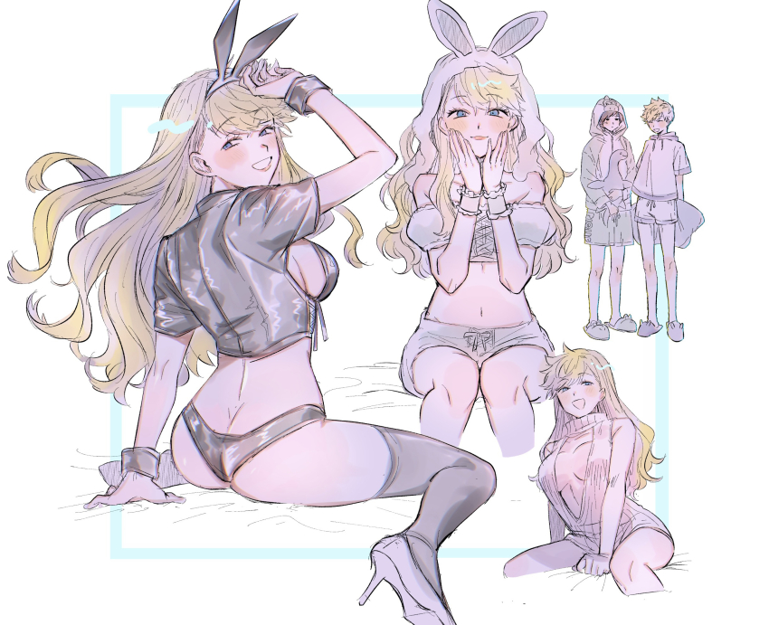 1girl 2boys animal_ears animal_hat animal_hood animal_slippers arm_support arm_up bed_sheet black_bra black_hair black_panties black_shirt black_thighhighs blonde_hair blue_eyes blush bra breasts clothes_writing cropped_shirt dual_persona extra_ears fake_animal_ears floating_hair genderswap genderswap_(mtf) hands_on_own_cheeks hands_on_own_face hands_up hat highres holding holding_pillow hood hood_up hoodie inukai_sumiharu kuzumiya_yuyu large_breasts long_hair long_sleeves multiple_boys multiple_views naked_sweater navel no_pants on_bed open_mouth outside_border panties pillow puffy_short_sleeves puffy_sleeves rabbit_ears rabbit_hat revealing_clothes ribbed_sweater shirt short_hair short_sleeves shorts sleeveless sleeveless_sweater slippers standing stuffed_dinosaur sweater thighhighs tsuji_shinnosuke turtleneck turtleneck_sweater underwear white_background white_hoodie white_shorts world_trigger wrist_cuffs