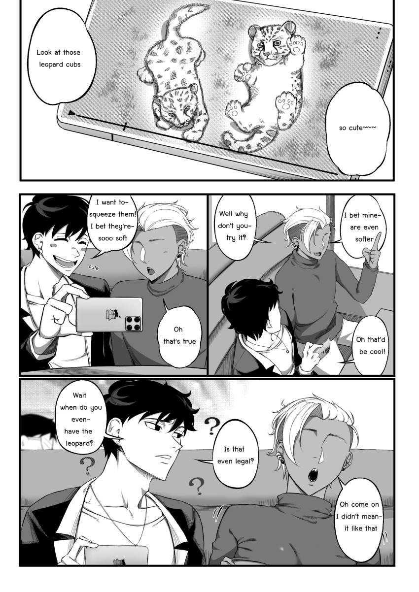 1boy 2girls ? absurdres black_eyes black_hair black_jacket blush closed_eyes dark-skinned_female dark_skin earrings gina_(nesz) grey_sweater greyscale gyaru highres holding holding_phone jacket jane_(nesz) jewelry leopard looking_at_another looking_to_the_side monochrome multiple_girls navin_(nesz) necklace nesz_r on_bench original parted_lips phone reverse_trap sharp_teeth shirt smile sweater teeth white_hair white_shirt