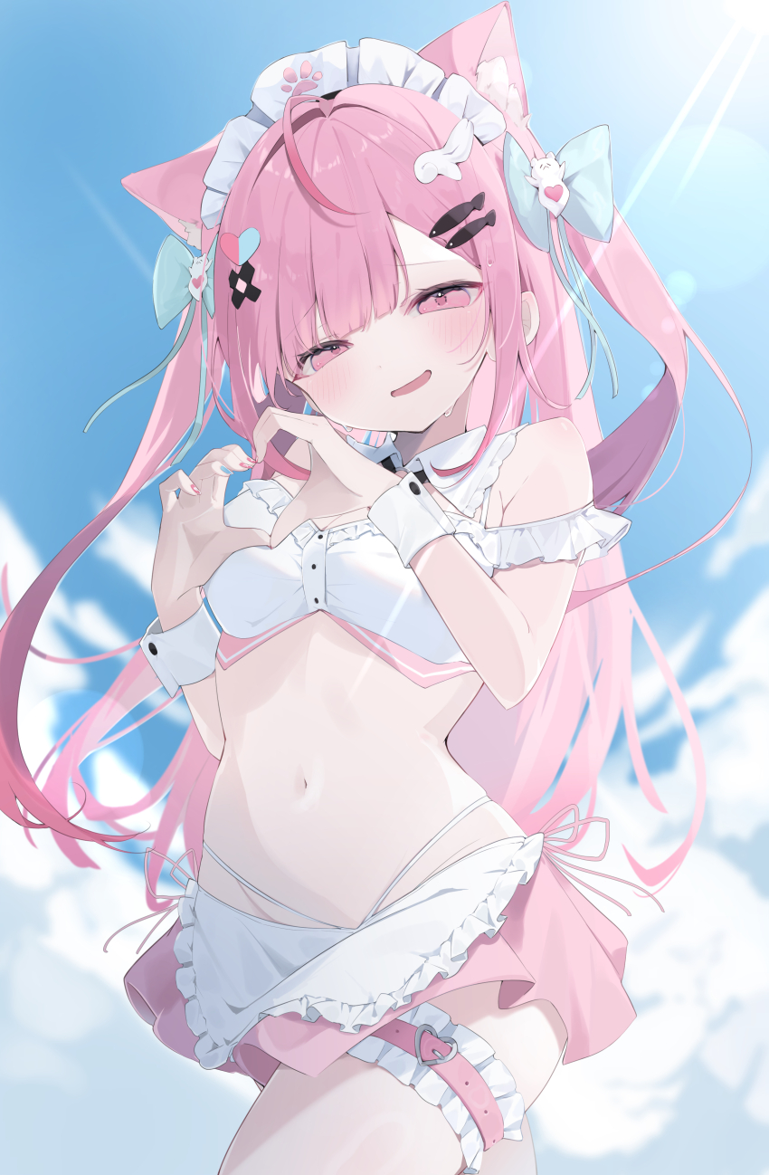 1girl absurdres adapted_costume ahoge animal_ears apron bandaid bandaid_hair_ornament belt bikini black_choker blue_bow blue_nails blue_sky blush bow breasts cat_ears cat_girl choker cloud cloudy_sky collar commentary crossed_bandaids day detached_collar fingernails fish_hair_ornament frilled_apron frilled_thigh_strap frills ghost_hair_ornament groin hair_bow hair_ornament hairclip heart heart_hair_ornament heart_hands highres indie_virtual_youtuber long_hair looking_at_viewer maid_apron maid_headdress nail_polish navel o-ring o-ring_choker open_mouth outdoors paw_print pink_belt pink_eyes pink_hair pink_nails pink_skirt skirt sky smile solo stomach sweat swimsuit thigh_belt thigh_strap thighs two_side_up uica virtual_youtuber white_apron white_bikini white_collar white_wrist_cuffs wing_hair_ornament wrist_cuffs yuuki_sakuna