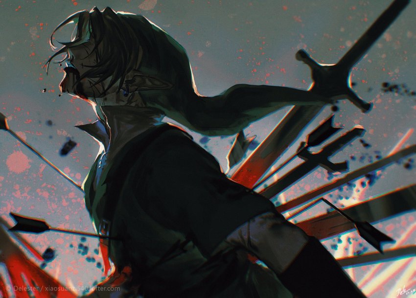1boy adam&#039;s_apple arrow_(projectile) arrow_in_body blonde_hair blood blood_from_mouth blood_on_arm blood_on_clothes blood_on_face blood_splatter bloody_weapon cuts dele14375735 earrings facing_up from_side green_hat hat highres impaled injury jewelry link nintendo no_eyes parted_lips pointy_ears pointy_hat popped_collar profile short_sleeves sword the_legend_of_zelda upper_body watermark weapon web_address