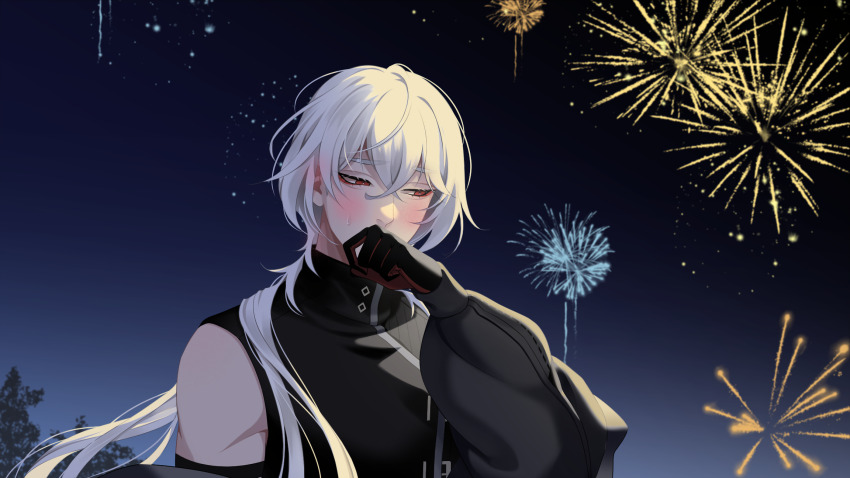1boy a_date_with_death aegyo aerial_fireworks arm_up averting_eyes black_gloves blush casper_(a_date_with_death) covering_own_mouth fireworks gloves gradient_background hair_flowing_over hair_over_shoulder hand_on_own_face highres jacket jacket_partially_removed jellyfish_cut large_variant_set light_particles male_focus multicolored_gloves nervous night night_sky non-web_source official_art open_mouth red_eyes red_gloves sky sleeveless sleeveless_turtleneck solo surprised tree turtleneck upper_body variant_set white_hair wide-eyed