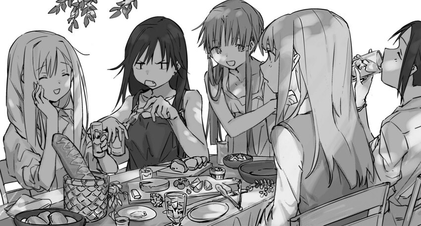 5girls ^_^ absurdres akira_ferrari aria_(manga) bad_id bad_twitter_id bread character_request closed_eyes cup cutting_board drinking eating fang food fork furrowed_brow greyscale hair_between_eyes hand_on_own_cheek hand_on_own_face hand_up highres holding holding_cup holding_fork inactive_account long_hair looking_at_another mizunashi_akari monochrome multiple_girls open_mouth plate shirt sidelocks sleeveless sleeveless_shirt smile suiso_(owp) table upper_body