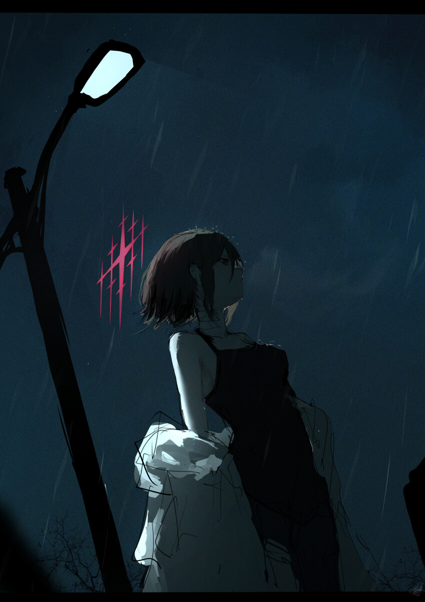 1girl absurdres bandaged_neck bandages black_tank_top blue_archive brown_hair coat dark halo highres kyatto-mikazu lamppost medium_hair misaki_(blue_archive) night pink_halo rain solo tank_top white_coat
